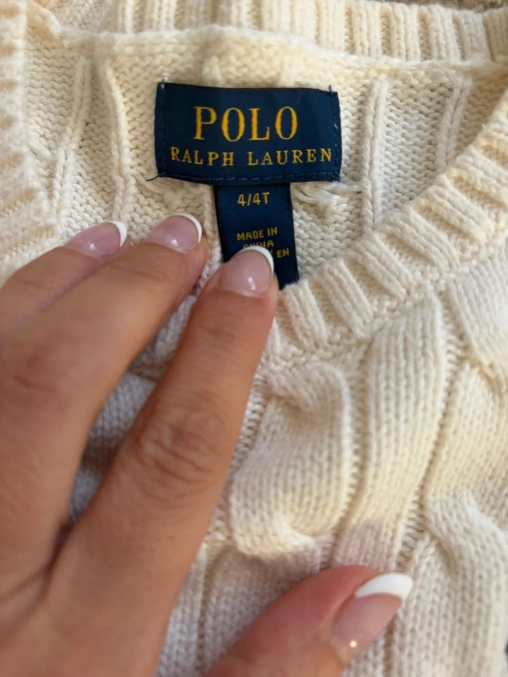 Polo by Ralph Lauren Cream Cable-Knit Crew Sweater with Navy Pony